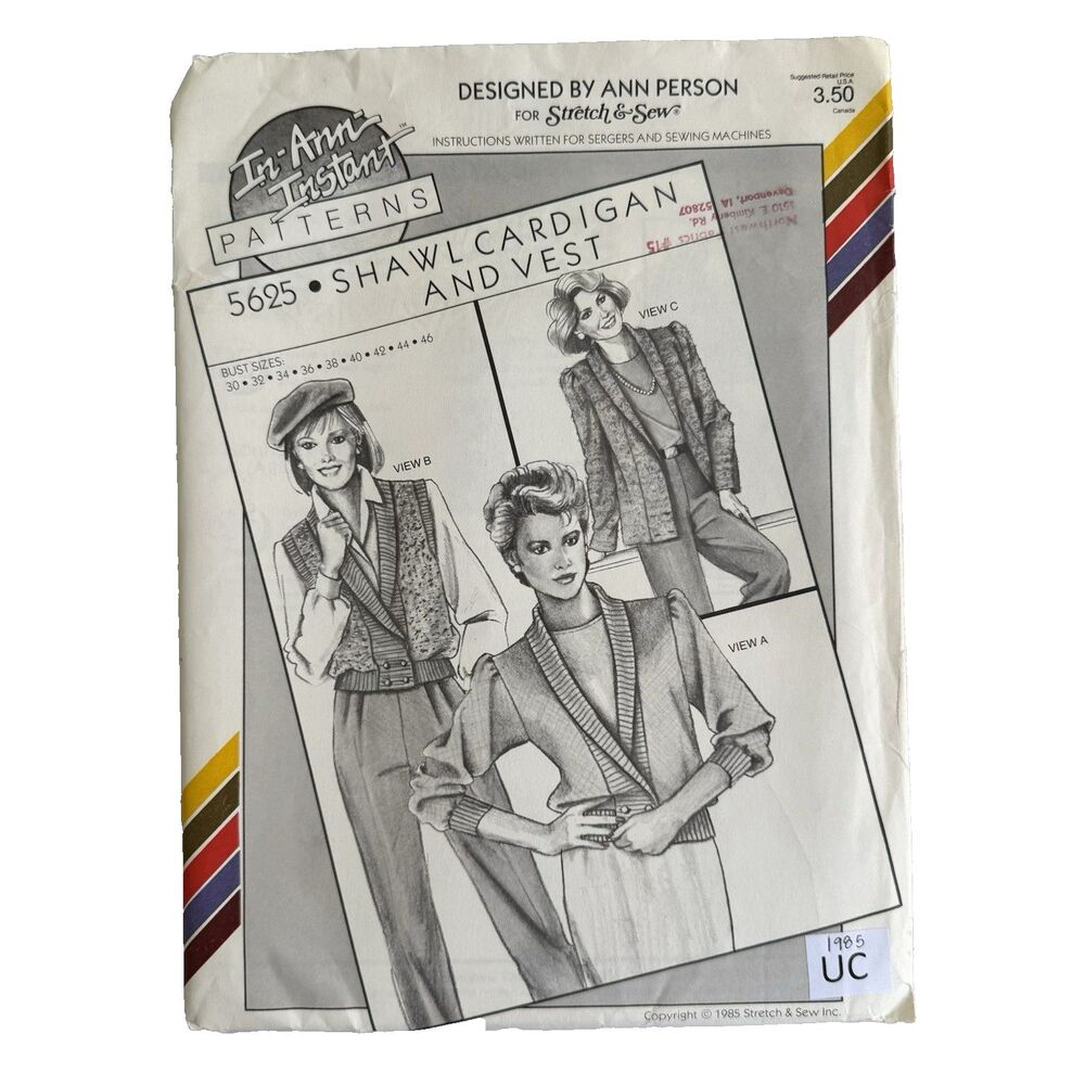 Stretch & Sew Sewing Pattern 5625 Shawl Cardigan & Vest PLUS Sizes 30-46 Bust